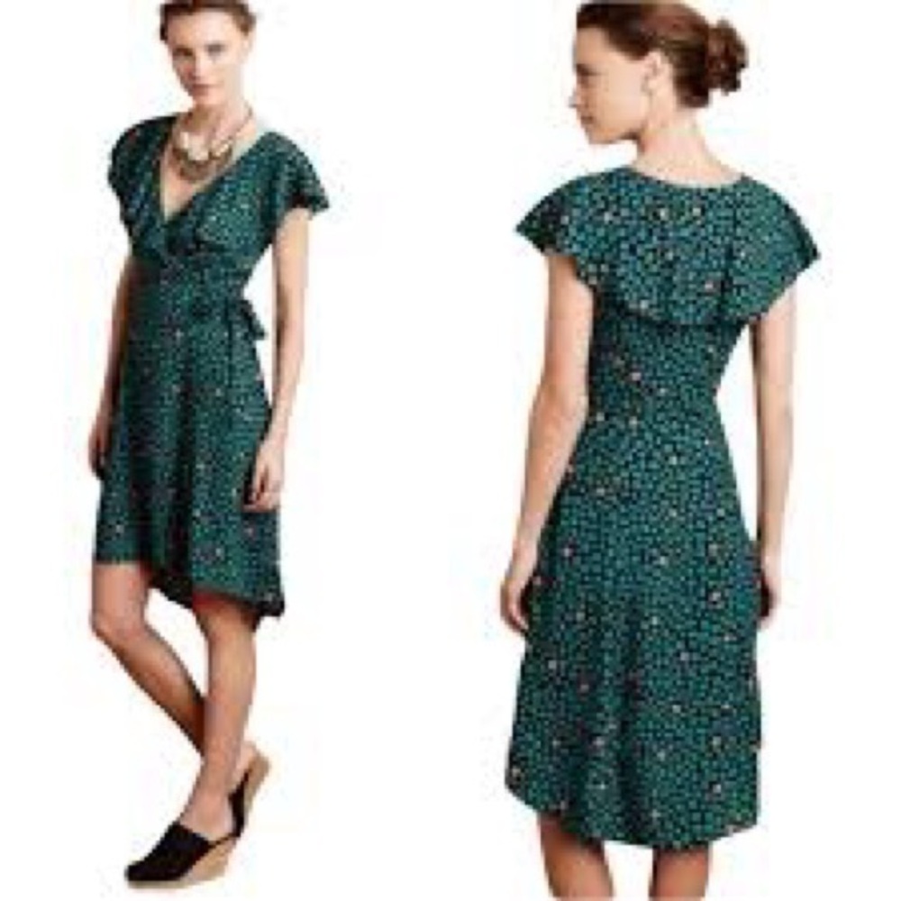 ANTHROPOLOGY HD In Paris Turquoise Wrap Dress With Flutter Sleeves Size 12P